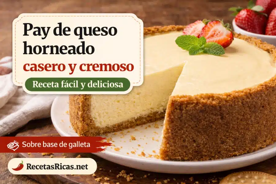 Pay de queso horneado casero y cremoso Pay de queso horneado casero y cremoso sobre base de galleta