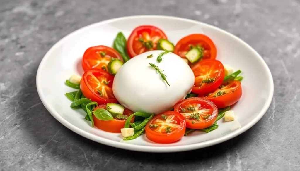 receta de ensalada de burrata con tomate rucula y pesto